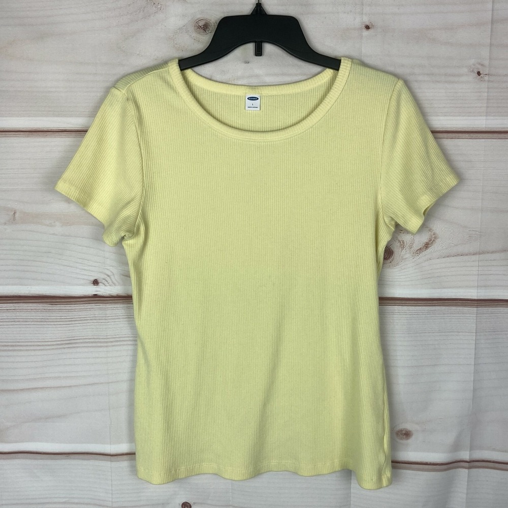 Old Navy Top Women L Yellow Ribbed Short Sleeve T-Shirt Crew Neck Slim Fit Solid